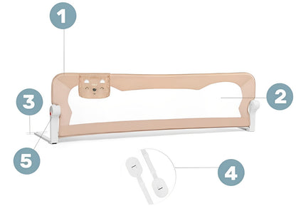 Bariera de Protectie Patut Safe Guard idealSTORE, Dimensiuni 150 x 35 x 42 cm, Include Centuri de Siguranta, Plasa Rezistenta si Aerisita, Sistem de Blocare, Cadru Durabil din Otel, Ajustare la 180 Grade, Bej Edition