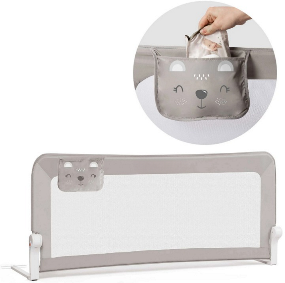 Bariera Protectie Patut Safe Guard idealSTORE, Dimensiuni 150 x 35 x 66 cm, Include Centuri de Siguranta, Plasa Rezistenta si Aerisita, Sistem de Blocare, Cadru Durabil din Otel, Ajustare la 180 Grade, Gri Edition