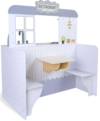 Bucatarie 2in1 cu Restaurant idealStore KitchenRestaurant din Lemn Fara margini Ascutite dotata cu Aragaz Frigider, Chiuveta, Masina de Spalat Vase, Masa, Scaune