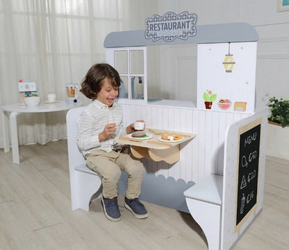 Bucatarie 2in1 cu Restaurant idealStore KitchenRestaurant din Lemn Fara margini Ascutite dotata cu Aragaz Frigider, Chiuveta, Masina de Spalat Vase, Masa, Scaune