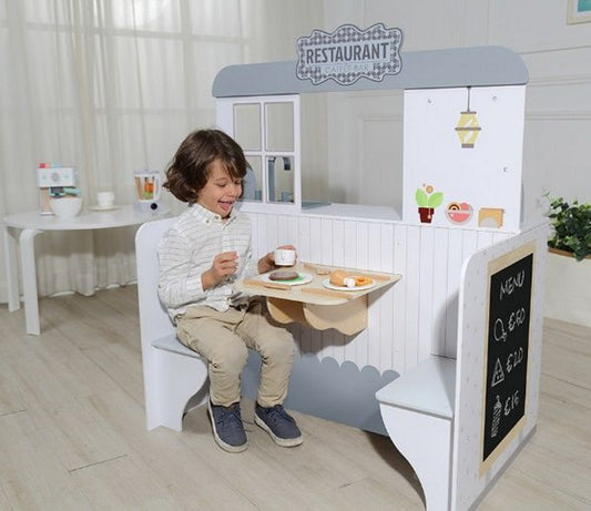 Bucatarie 2in1 cu Restaurant idealStore KitchenRestaurant din Lemn Fara margini Ascutite dotata cu Aragaz Frigider, Chiuveta, Masina de Spalat Vase, Masa, Scaune