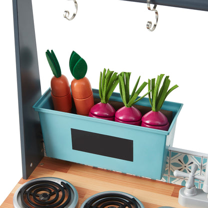Bucatarie Multifunctionala din lemn The Taste Of The Chef idealSTOR pentru copii, Dimensiuni 74 x 30 x 95 cm Accesorizata cu legume Recipiente, Oale, Dozator de Apa, Dulapuri care se pot deschide, Fara margini ascutite