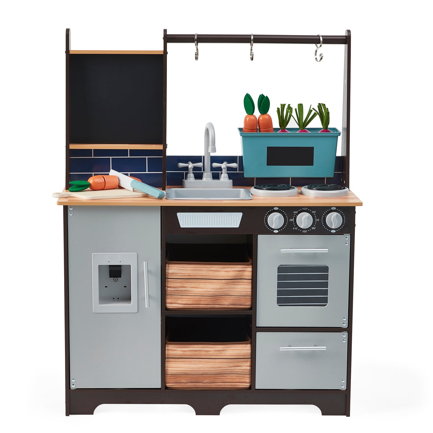 Bucatarie Multifunctionala din lemn The Taste Of The Chef idealSTOR pentru copii, Dimensiuni 74 x 30 x 95 cm Accesorizata cu legume Recipiente, Oale, Dozator de Apa, Dulapuri care se pot deschide, Fara margini ascutite