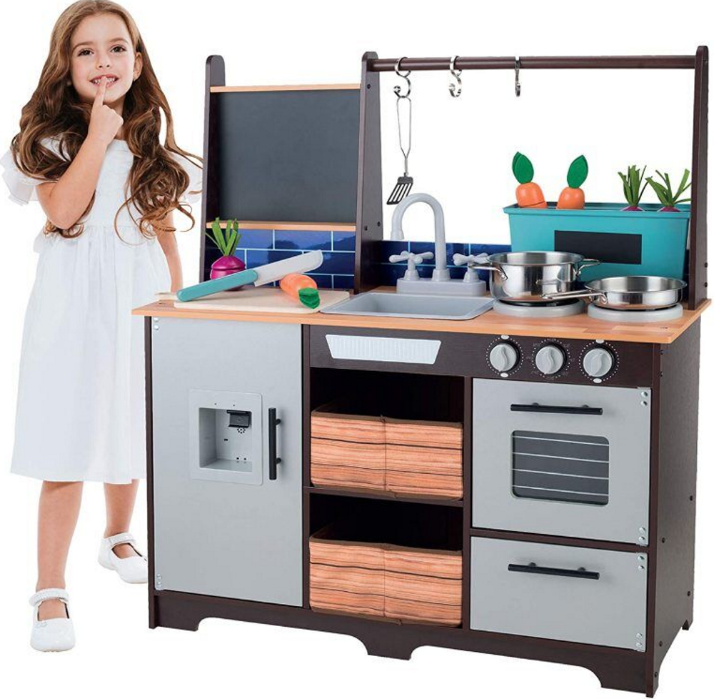 Bucatarie Multifunctionala din lemn The Taste Of The Chef idealSTOR pentru copii, Dimensiuni 74 x 30 x 95 cm Accesorizata cu legume Recipiente, Oale, Dozator de Apa, Dulapuri care se pot deschide, Fara margini ascutite