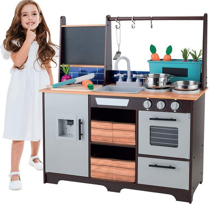Bucatarie Multifunctionala din lemn The Taste Of The Chef idealSTOR pentru copii, Dimensiuni 74 x 30 x 95 cm Accesorizata cu legume Recipiente, Oale, Dozator de Apa, Dulapuri care se pot deschide, Fara margini ascutite