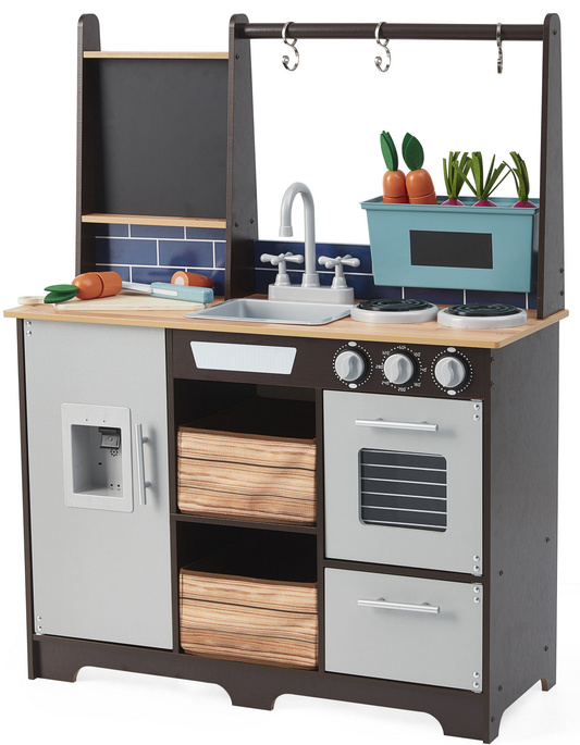 Bucatarie Multifunctionala din lemn The Taste Of The Chef idealSTOR pentru copii, Dimensiuni 74 x 30 x 95 cm Accesorizata cu legume Recipiente, Oale, Dozator de Apa, Dulapuri care se pot deschide, Fara margini ascutite