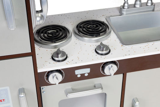 Bucatarie Profesionala din Lemn Pentru Copii Luxury Kitchen idealSTORE, Include Cuptor Frigider Dulap, Aragaz echipat cu butoane Ustensile de bucatarie, Structura solida, Microunde, Perfect pentru un mic bucatar