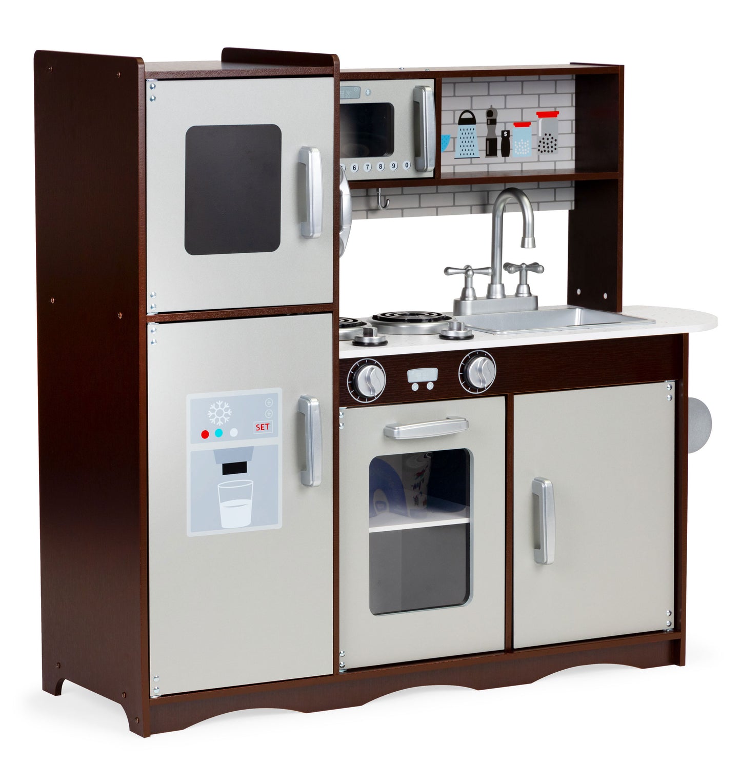 Bucatarie Profesionala din Lemn Pentru Copii Luxury Kitchen idealSTORE, Include Cuptor Frigider Dulap, Aragaz echipat cu butoane Ustensile de bucatarie, Structura solida, Microunde, Perfect pentru un mic bucatar