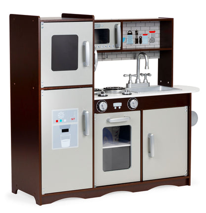 Bucatarie Profesionala din Lemn Pentru Copii Luxury Kitchen idealSTORE, Include Cuptor Frigider Dulap, Aragaz echipat cu butoane Ustensile de bucatarie, Structura solida, Microunde, Perfect pentru un mic bucatar