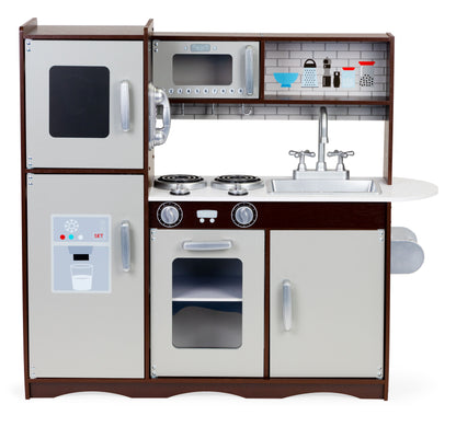 Bucatarie Profesionala din Lemn Pentru Copii Luxury Kitchen idealSTORE, Include Cuptor Frigider Dulap, Aragaz echipat cu butoane Ustensile de bucatarie, Structura solida, Microunde, Perfect pentru un mic bucatar