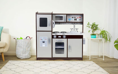 Bucatarie Profesionala din Lemn Pentru Copii Luxury Kitchen idealSTORE, Include Cuptor Frigider Dulap, Aragaz echipat cu butoane Ustensile de bucatarie, Structura solida, Microunde, Perfect pentru un mic bucatar