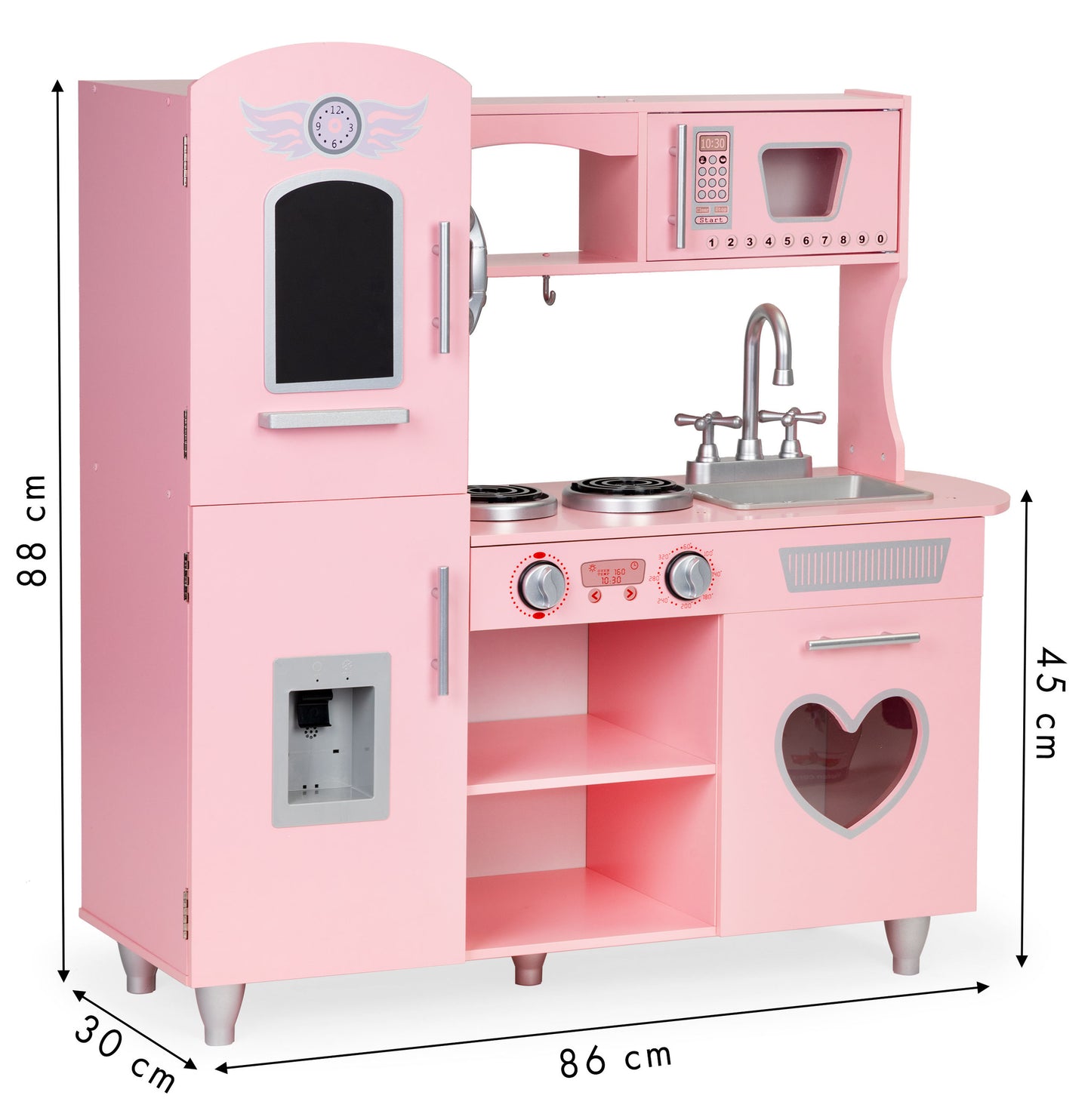Bucatarie din lemn ecologic, fara margini ascutite 'ISP Pink Heart Kitchen ', 88 CM Inaltime, Telefon, Multiple Locuri Depozitare, Gold