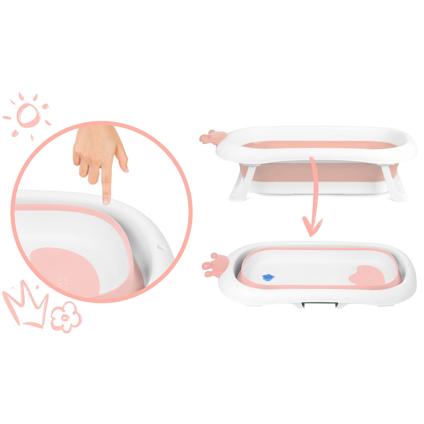 Cadita pentru Bebelusi Baby BathTub idealStore, Pliabila, Perna Inclusa Detasabila, Dop cu Senzor de Temperatura, Picioare Solide, Finisaj Antiderapant, Design Erconomic, Sarcina Maxima 45 kg, Roz