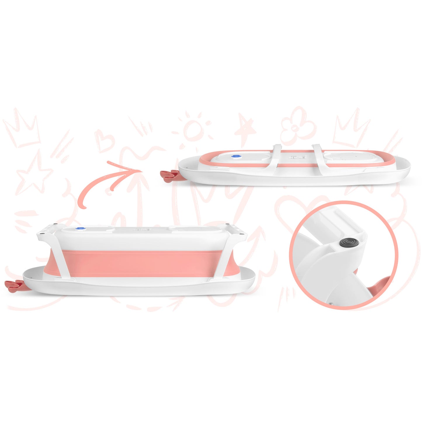 Cadita pentru Bebelusi Baby BathTub idealStore, Pliabila, Perna Inclusa Detasabila, Dop cu Senzor de Temperatura, Picioare Solide, Finisaj Antiderapant, Design Erconomic, Sarcina Maxima 45 kg, Roz