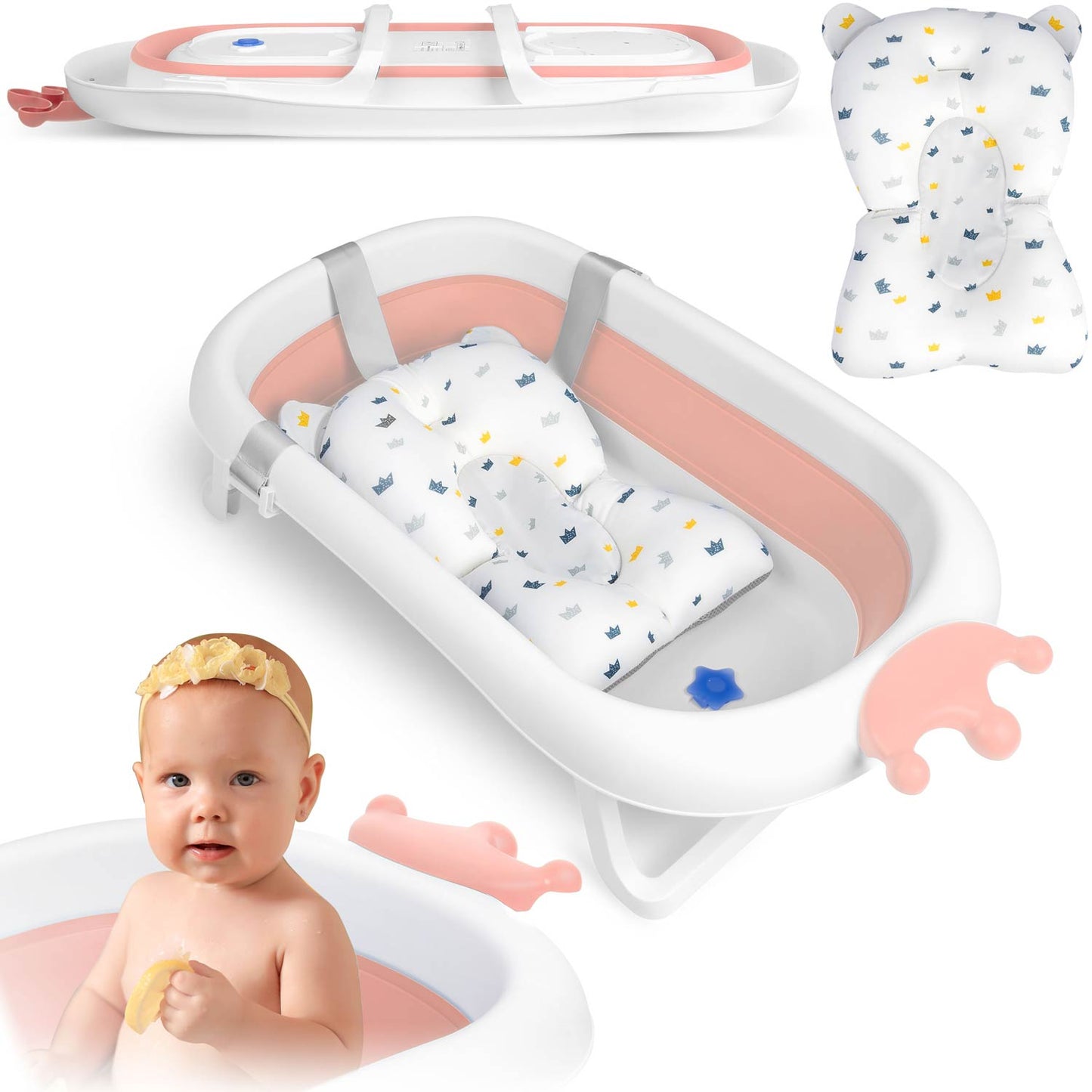 Cadita pentru Bebelusi Baby BathTub idealStore, Pliabila, Perna Inclusa Detasabila, Dop cu Senzor de Temperatura, Picioare Solide, Finisaj Antiderapant, Design Erconomic, Sarcina Maxima 45 kg, Roz
