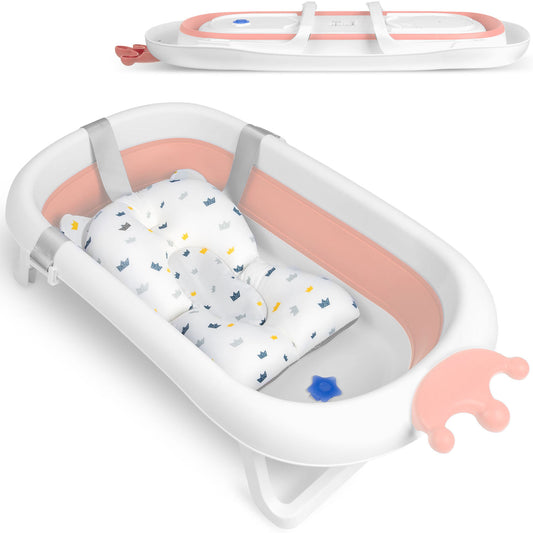 Cadita pentru Bebelusi Baby BathTub idealStore, Pliabila, Perna Inclusa Detasabila, Dop cu Senzor de Temperatura, Picioare Solide, Finisaj Antiderapant, Design Erconomic, Sarcina Maxima 45 kg, Roz