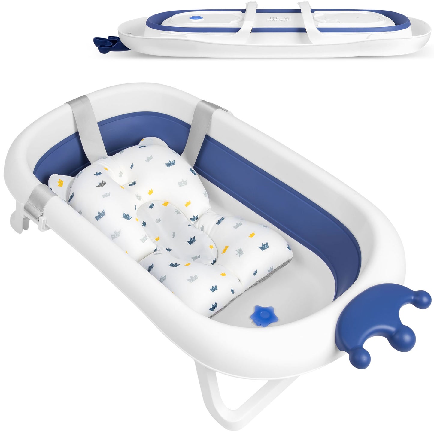 Cadita pentru Bebelusi Baby BathTub idealStore, Pliabila, Perna Inclusa Detasabila, Dop cu Senzor de Temperatura, Picioare Solide, Finisaj Antiderapant, Design Erconomic, Sarcina Maxima 45 kg, Albastra