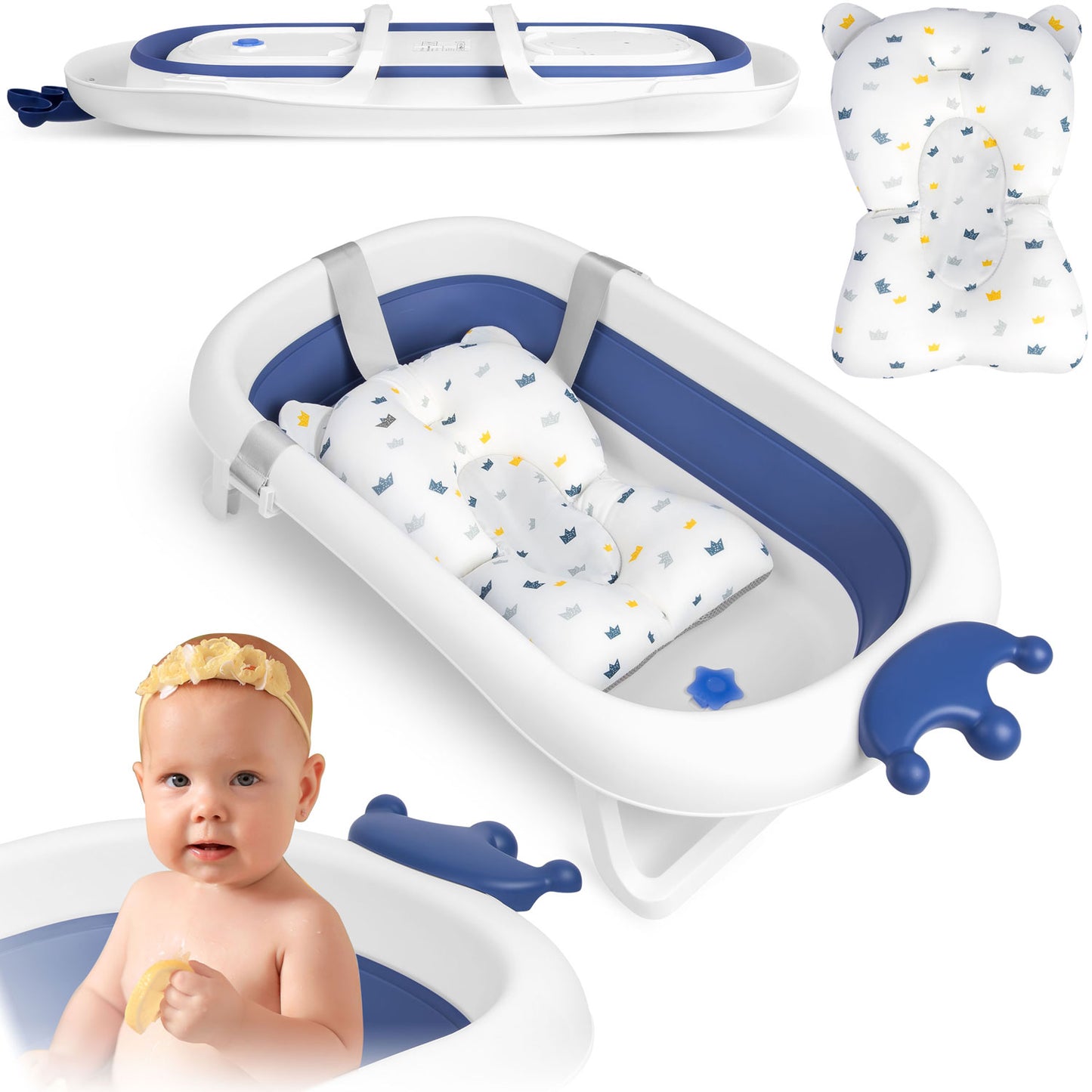 Cadita pentru Bebelusi Baby BathTub idealStore, Pliabila, Perna Inclusa Detasabila, Dop cu Senzor de Temperatura, Picioare Solide, Finisaj Antiderapant, Design Erconomic, Sarcina Maxima 45 kg, Albastra