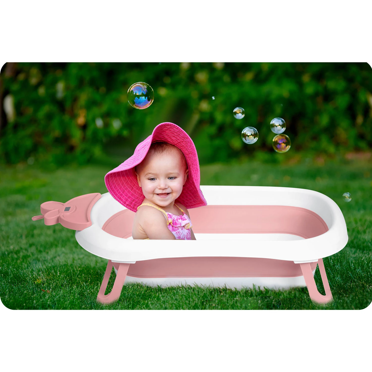Cadita cu Termometru LCD pentru Bebelusi SuperBath idealSTORE, Pliabila, Dop cu Senzor de Temperatura, Picioare Solide, Finisaj Antiderapant, Design Ergonomic, Sarcina Maxima 45 kg, Pink