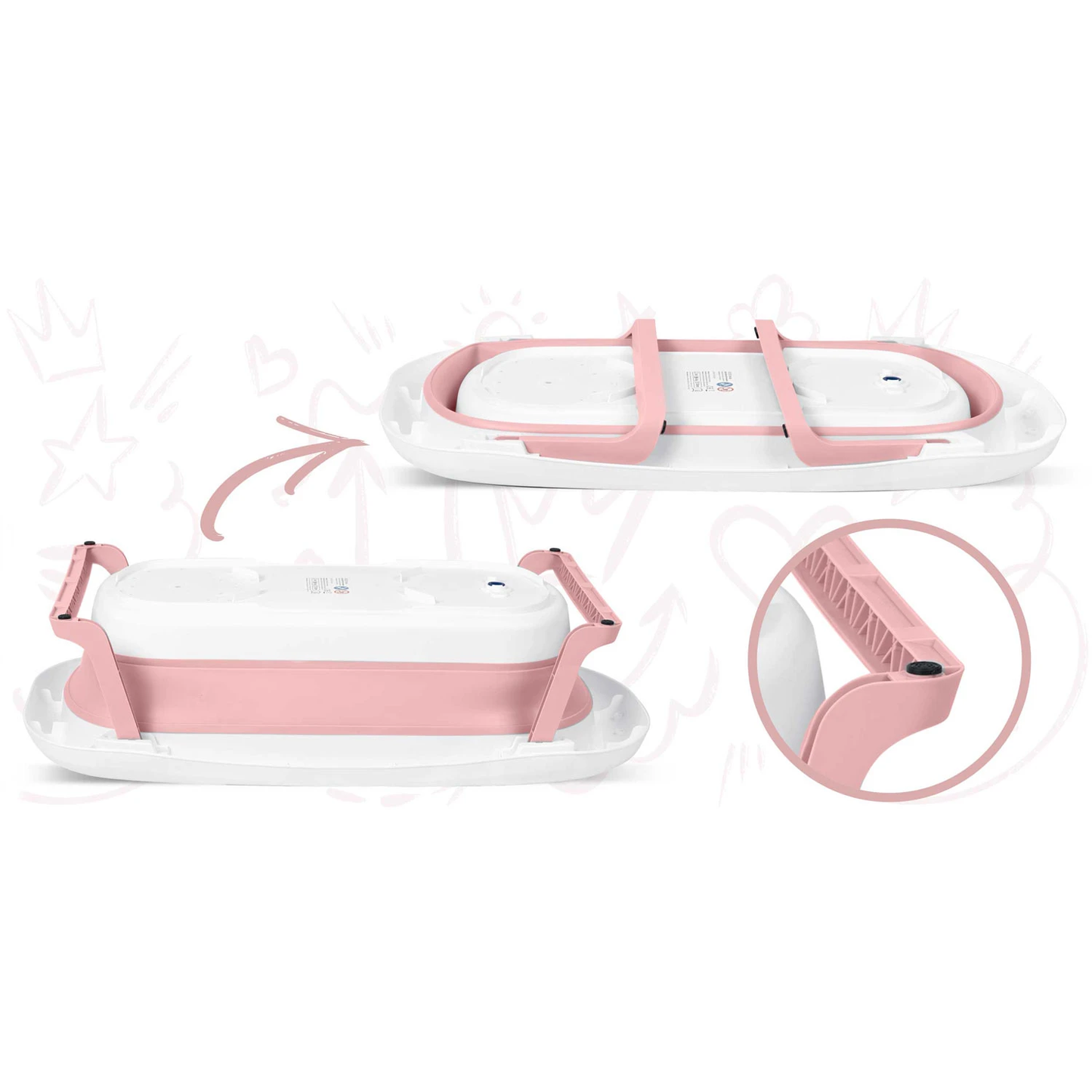 Cadita cu Termometru LCD pentru Bebelusi SuperBath idealSTORE, Pliabila, Dop cu Senzor de Temperatura, Picioare Solide, Finisaj Antiderapant, Design Ergonomic, Sarcina Maxima 45 kg, Pink