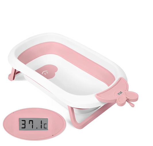 Cadita cu Termometru LCD pentru Bebelusi SuperBath idealSTORE, Pliabila, Dop cu Senzor de Temperatura, Picioare Solide, Finisaj Antiderapant, Design Ergonomic, Sarcina Maxima 45 kg, Pink
