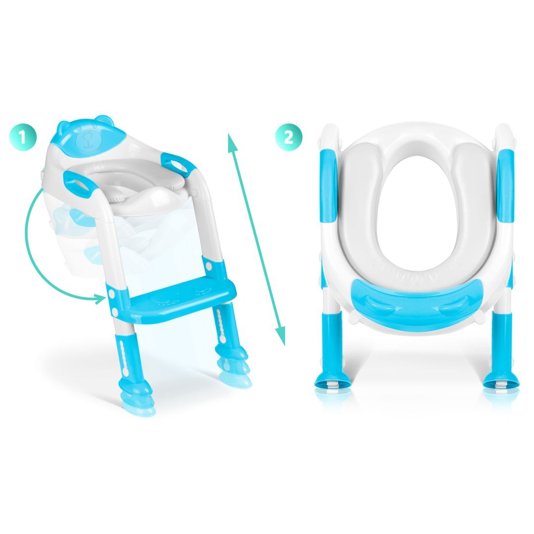 Reductor WC Copii idealSTORE, inaltime Reglabila, o Treapta, Picioare Anti-Alunecare, Greutate Maxima 50 kg, Scara Detasabila, Ergonomic, Pliabil, Culoare Turcoaz