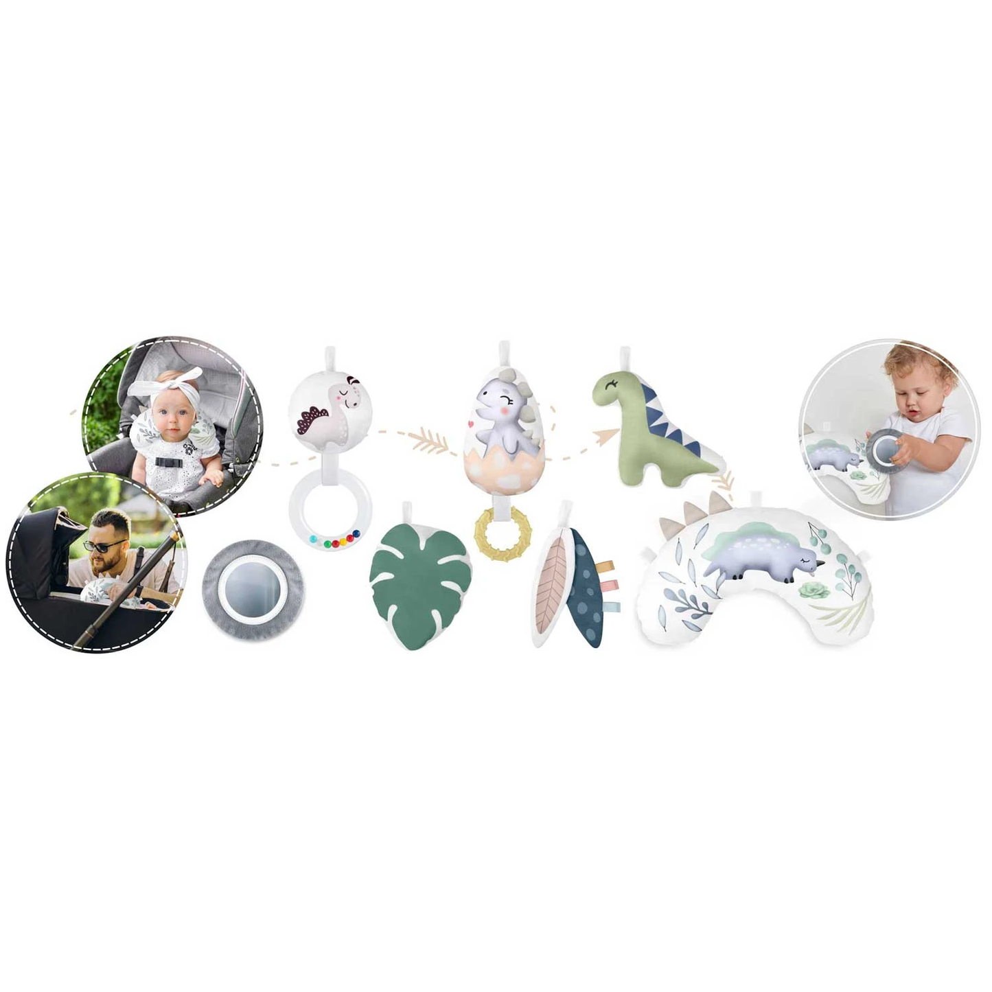 Centru de activitati tip Covoras Educational Dino Kids ideal STORE, Contine 6 accesorii multifunctionale si o pernuta moale pentru statul pe burta, Fabricat din materiale de inalta calitate, Ajuta la dezvoltarea abilitatilor cognitive, Gri