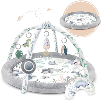 Centru de activitati tip Covoras Educational Dino Kids ideal STORE, Contine 6 accesorii multifunctionale si o pernuta moale pentru statul pe burta, Fabricat din materiale de inalta calitate, Ajuta la dezvoltarea abilitatilor cognitive, Gri