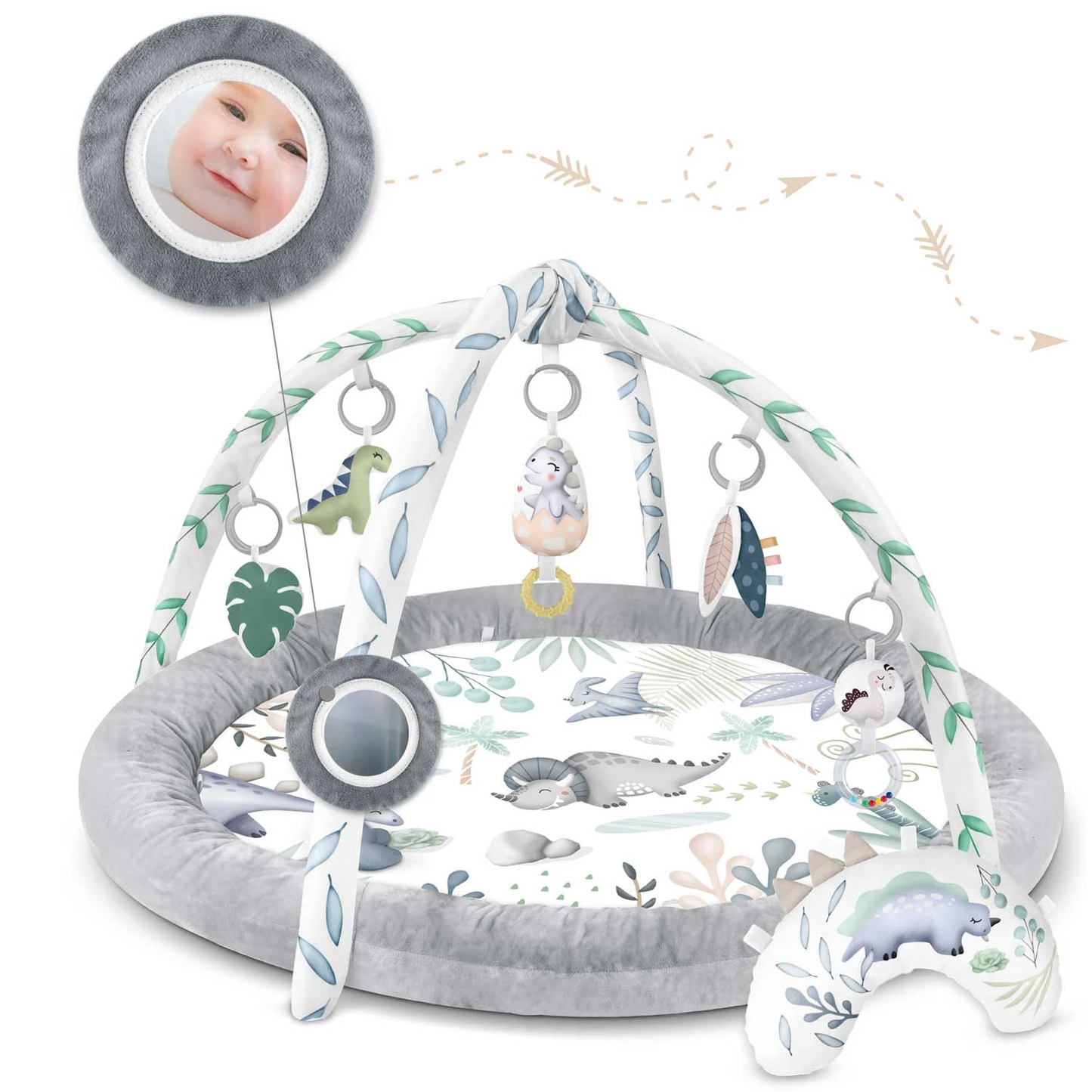 Centru de activitati tip Covoras Educational Dino Kids ideal STORE, Contine 6 accesorii multifunctionale si o pernuta moale pentru statul pe burta, Fabricat din materiale de inalta calitate, Ajuta la dezvoltarea abilitatilor cognitive, Gri