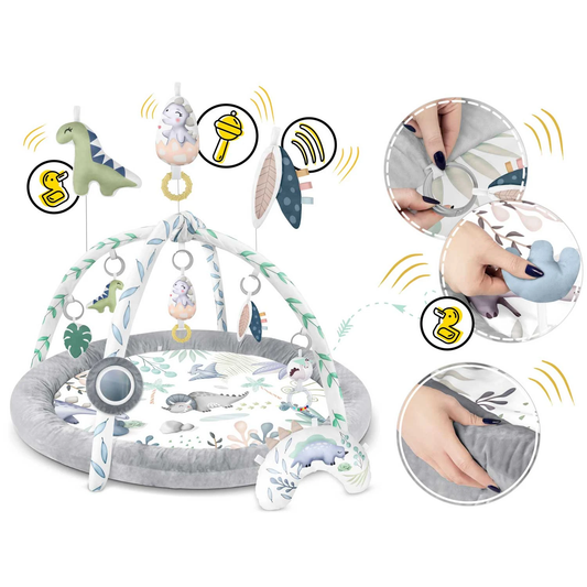 Centru de activitati tip Covoras Educational Dino Kids ideal STORE, Contine 6 accesorii multifunctionale si o pernuta moale pentru statul pe burta, Fabricat din materiale de inalta calitate, Ajuta la dezvoltarea abilitatilor cognitive, Gri