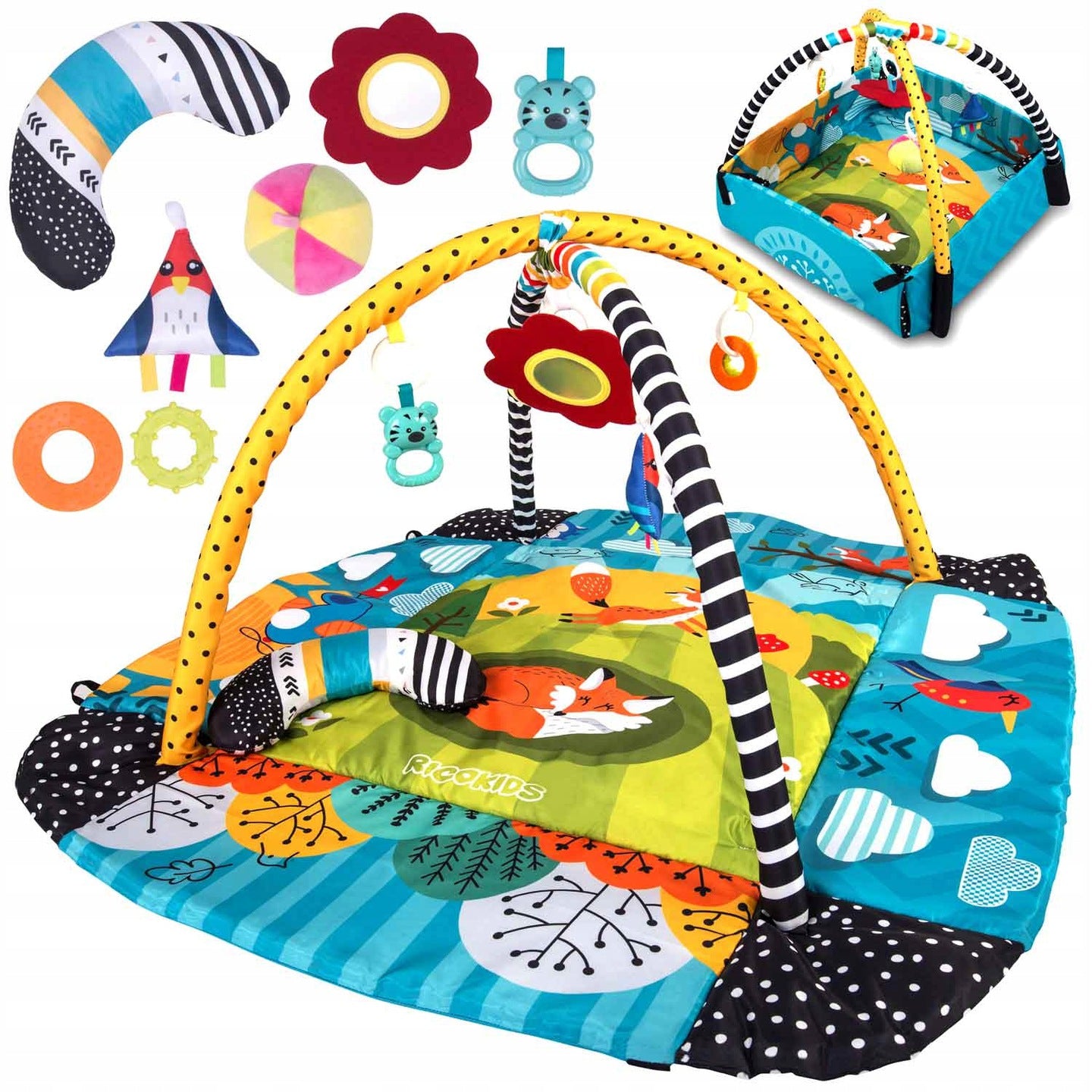 Covoras Interactiv Lisek Kids idealSTORE, 110 X 100 X 53 cm, Material usor de curatat, moale, Include 7 jucarii Multifunctionale, Perna, 4 Pereti, 2 Funde, Pliera usoara