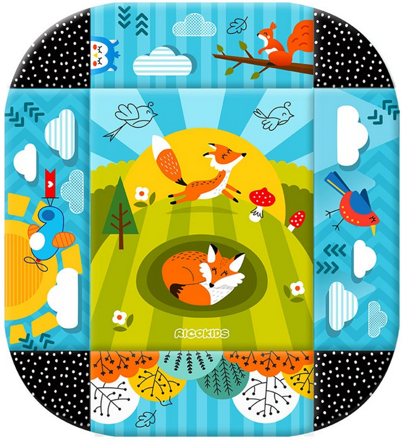 Covoras Interactiv Lisek Kids idealSTORE, 110 X 100 X 53 cm, Material usor de curatat, moale, Include 7 jucarii Multifunctionale, Perna, 4 Pereti, 2 Funde, Pliera usoara