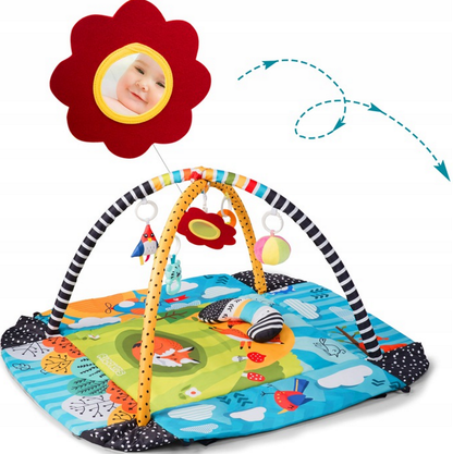 Covoras Interactiv Lisek Kids idealSTORE, 110 X 100 X 53 cm, Material usor de curatat, moale, Include 7 jucarii Multifunctionale, Perna, 4 Pereti, 2 Funde, Pliera usoara
