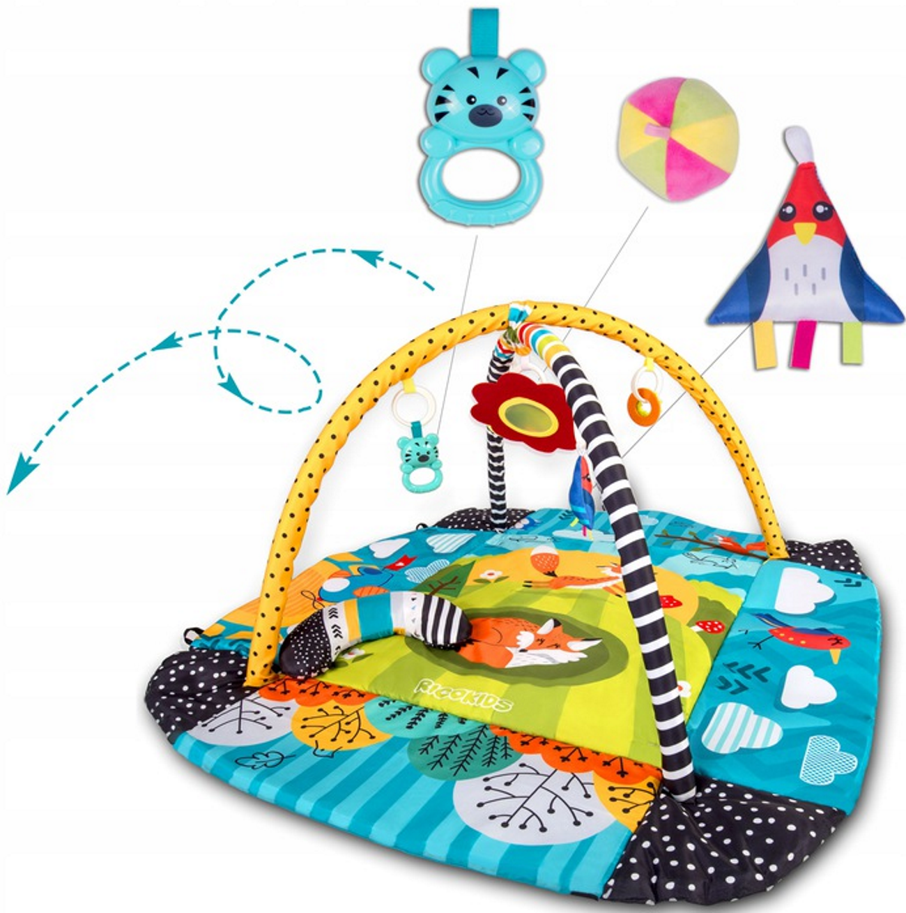 Covoras Interactiv Lisek Kids idealSTORE, 110 X 100 X 53 cm, Material usor de curatat, moale, Include 7 jucarii Multifunctionale, Perna, 4 Pereti, 2 Funde, Pliera usoara