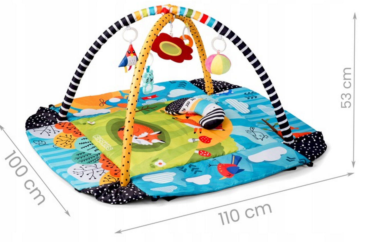 Covoras Interactiv Lisek Kids idealSTORE, 110 X 100 X 53 cm, Material usor de curatat, moale, Include 7 jucarii Multifunctionale, Perna, 4 Pereti, 2 Funde, Pliera usoara