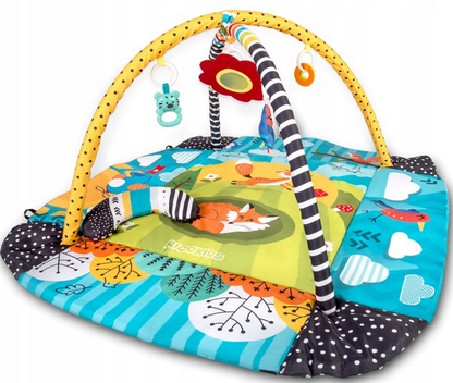 Covoras Interactiv Lisek Kids idealSTORE, 110 X 100 X 53 cm, Material usor de curatat, moale, Include 7 jucarii Multifunctionale, Perna, 4 Pereti, 2 Funde, Pliera usoara