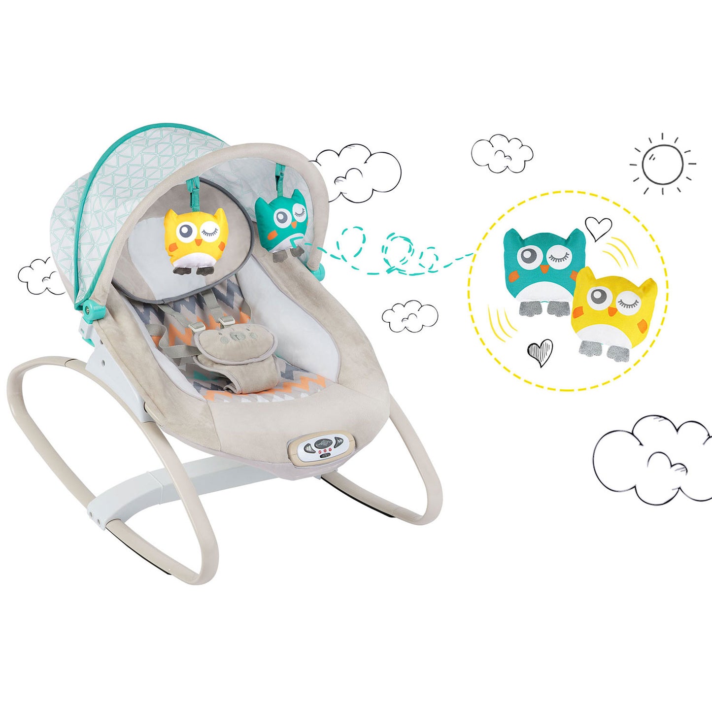 Balansoar Multifunctional cu Melodii si Sistem de vibratii, My Super Nany, KinderVibe, Copertina de Soare, Arcada cu Jucarii Detasabile, Centura in 5 Puncte, Cadru Stabil cu Picioare Antiderapante, Husa Detasabila si Lavabila, Multicolor