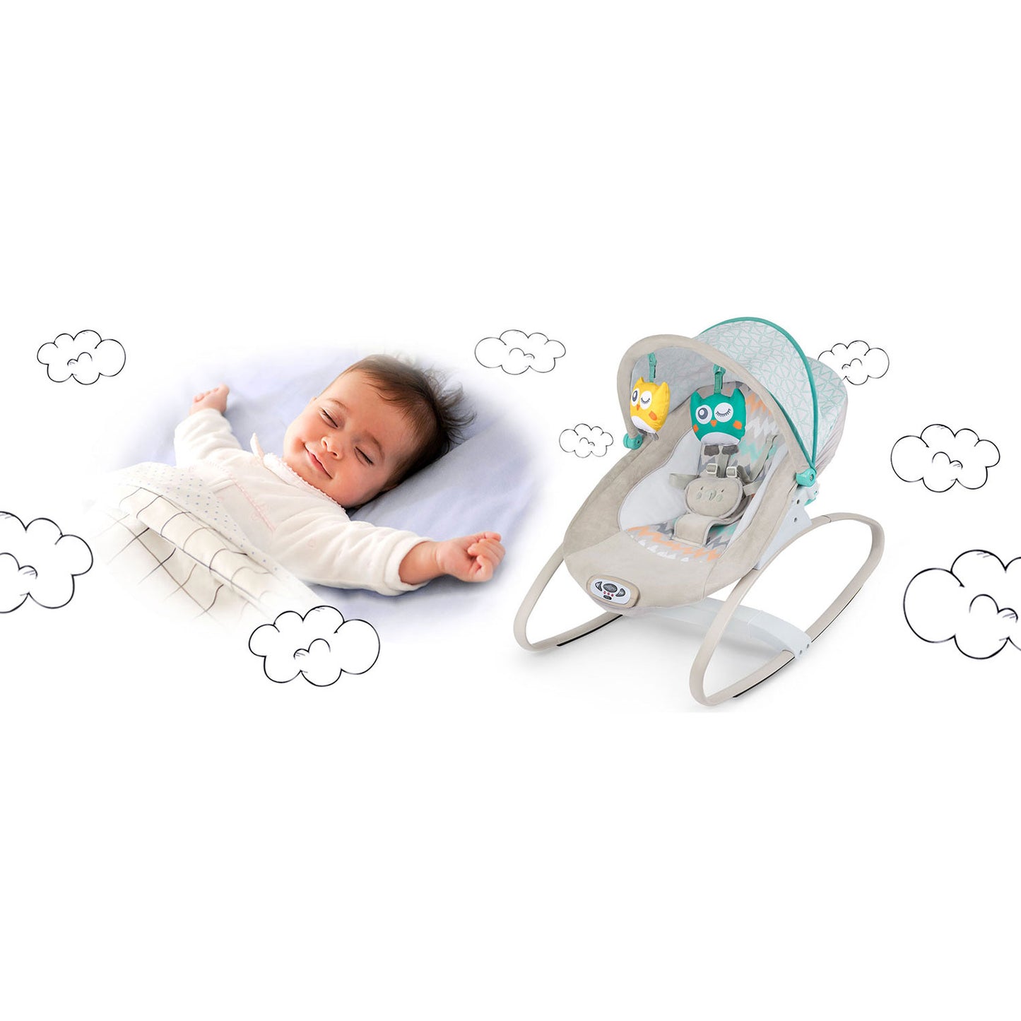 Balansoar Multifunctional cu Melodii si Sistem de vibratii, My Super Nany, KinderVibe, Copertina de Soare, Arcada cu Jucarii Detasabile, Centura in 5 Puncte, Cadru Stabil cu Picioare Antiderapante, Husa Detasabila si Lavabila, Multicolor