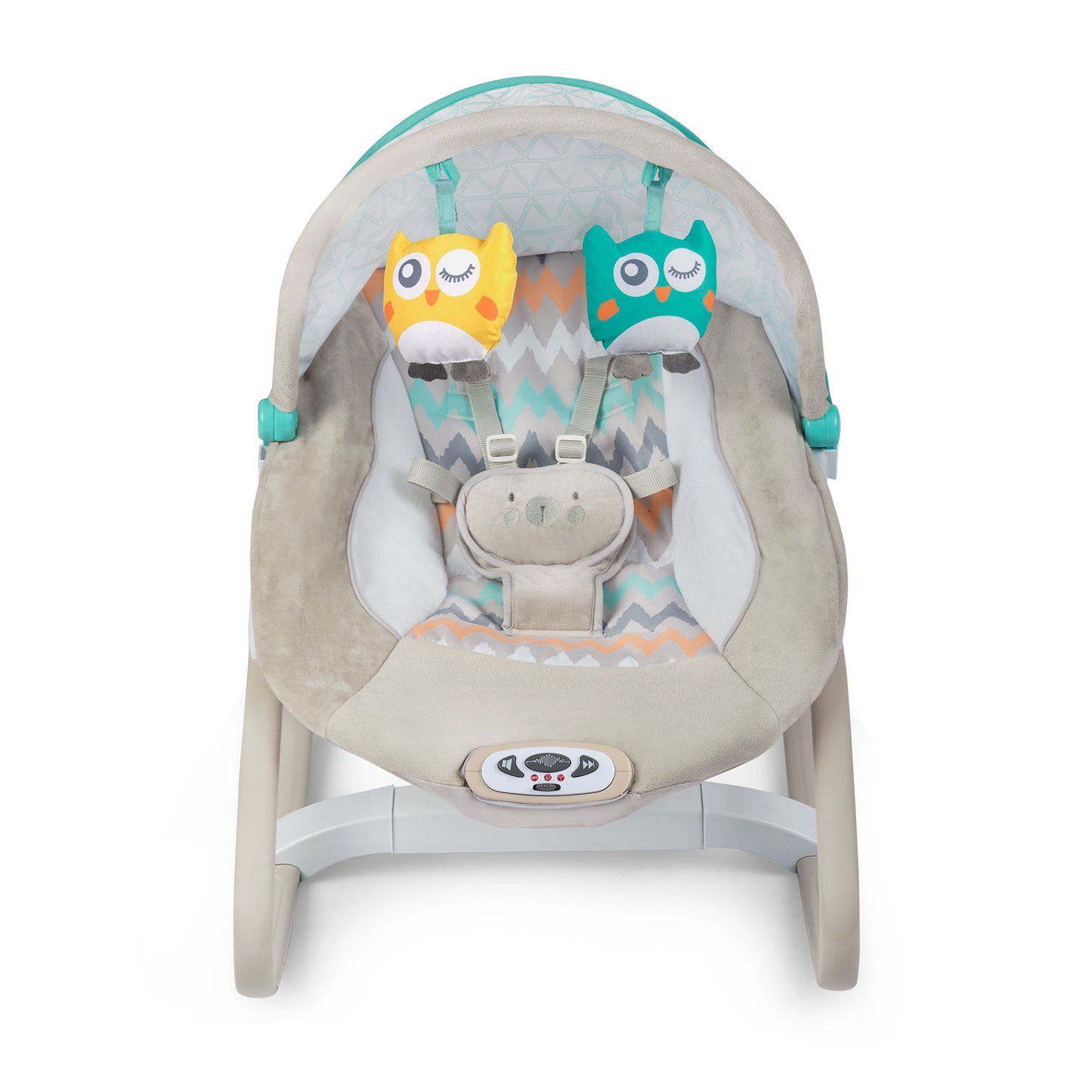 Balansoar Multifunctional cu Melodii si Sistem de vibratii, My Super Nany, KinderVibe, Copertina de Soare, Arcada cu Jucarii Detasabile, Centura in 5 Puncte, Cadru Stabil cu Picioare Antiderapante, Husa Detasabila si Lavabila, Multicolor