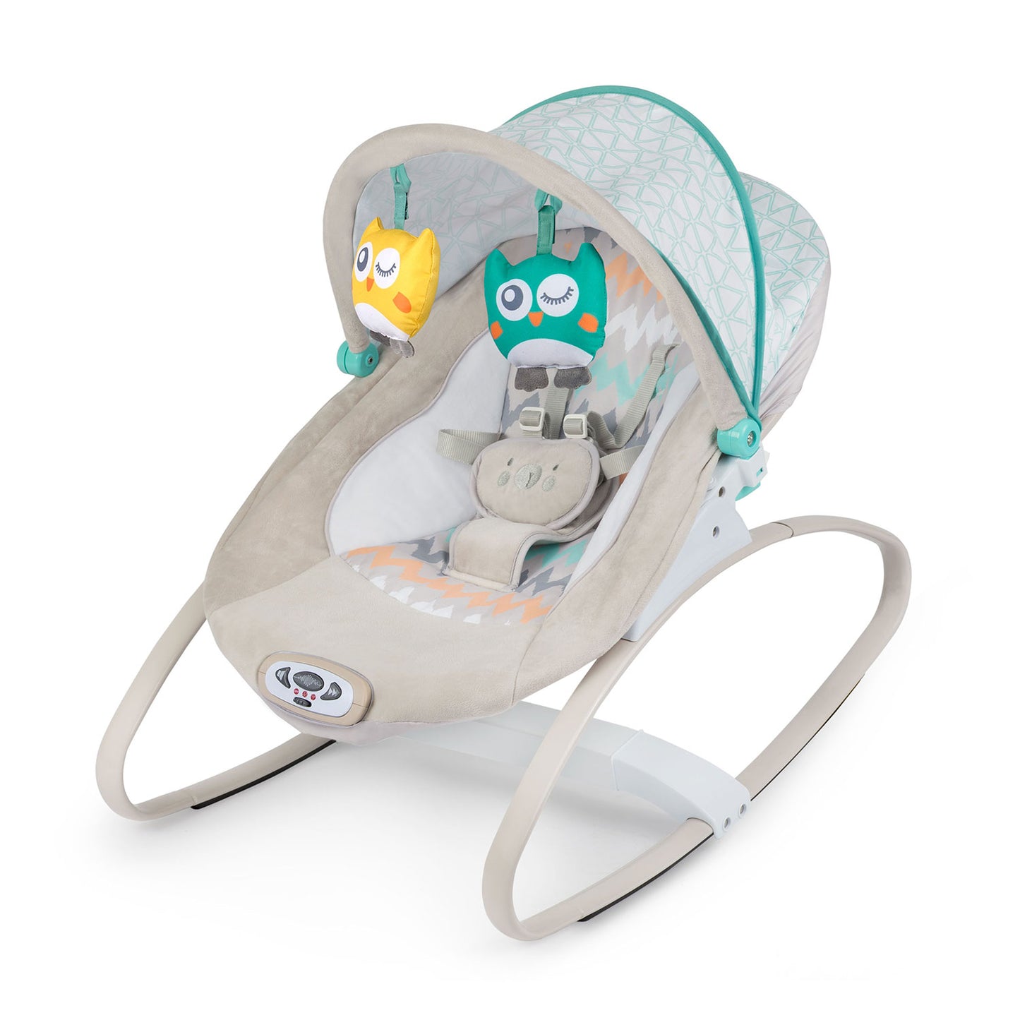 Balansoar Multifunctional cu Melodii si Sistem de vibratii, My Super Nany, KinderVibe, Copertina de Soare, Arcada cu Jucarii Detasabile, Centura in 5 Puncte, Cadru Stabil cu Picioare Antiderapante, Husa Detasabila si Lavabila, Multicolor