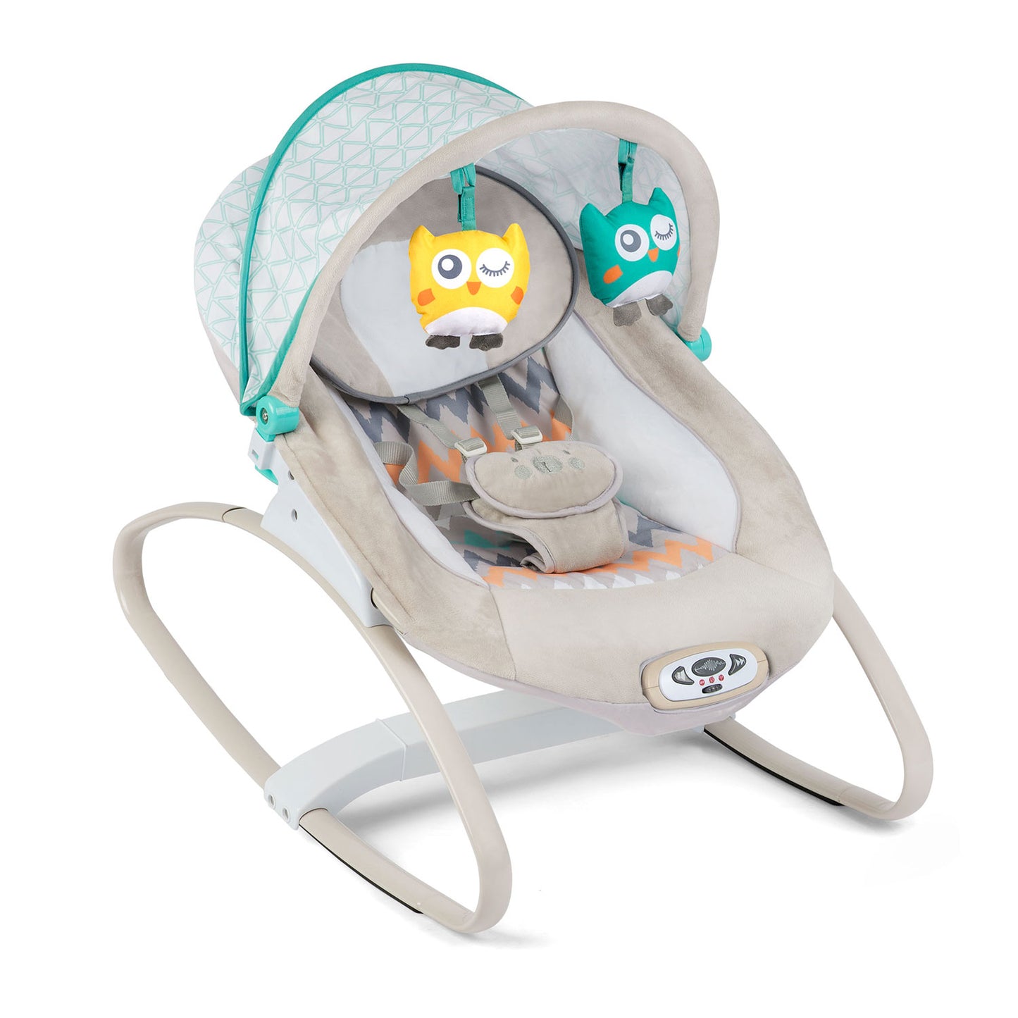 Balansoar Multifunctional cu Melodii si Sistem de vibratii, My Super Nany, KinderVibe, Copertina de Soare, Arcada cu Jucarii Detasabile, Centura in 5 Puncte, Cadru Stabil cu Picioare Antiderapante, Husa Detasabila si Lavabila, Multicolor