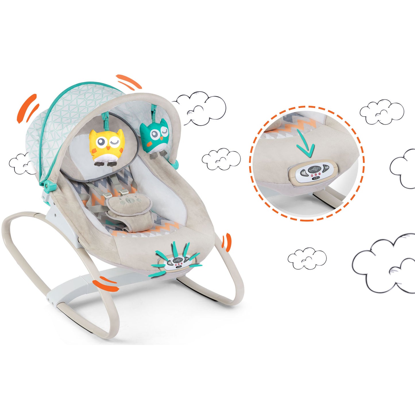 Balansoar Multifunctional cu Melodii si Sistem de vibratii, My Super Nany, KinderVibe, Copertina de Soare, Arcada cu Jucarii Detasabile, Centura in 5 Puncte, Cadru Stabil cu Picioare Antiderapante, Husa Detasabila si Lavabila, Multicolor