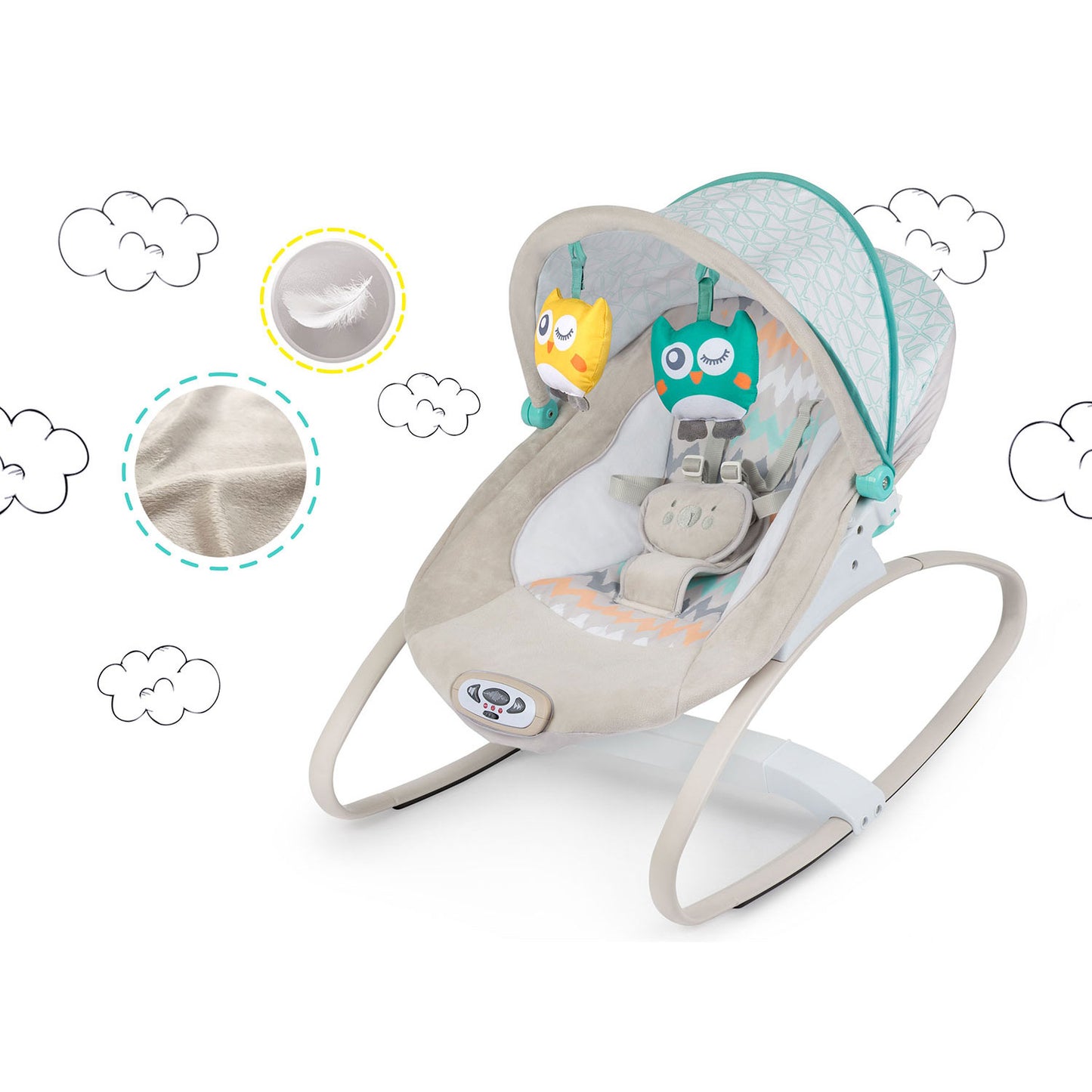 Balansoar Multifunctional cu Melodii si Sistem de vibratii, My Super Nany, KinderVibe, Copertina de Soare, Arcada cu Jucarii Detasabile, Centura in 5 Puncte, Cadru Stabil cu Picioare Antiderapante, Husa Detasabila si Lavabila, Multicolor