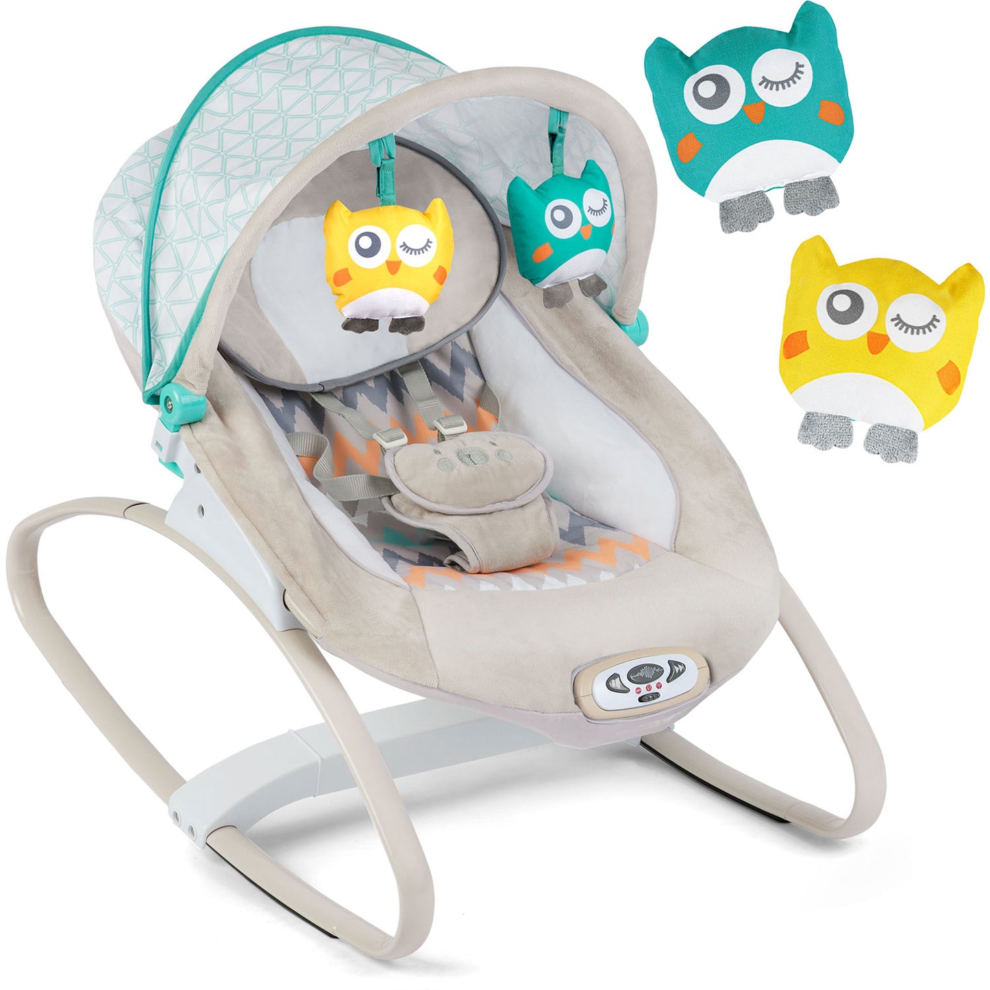 Balansoar Multifunctional cu Melodii si Sistem de vibratii, My Super Nany, KinderVibe, Copertina de Soare, Arcada cu Jucarii Detasabile, Centura in 5 Puncte, Cadru Stabil cu Picioare Antiderapante, Husa Detasabila si Lavabila, Multicolor