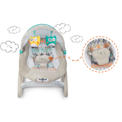 Balansoar Multifunctional cu Melodii si Sistem de vibratii, My Super Nany, KinderVibe, Copertina de Soare, Arcada cu Jucarii Detasabile, Centura in 5 Puncte, Cadru Stabil cu Picioare Antiderapante, Husa Detasabila si Lavabila, Multicolor