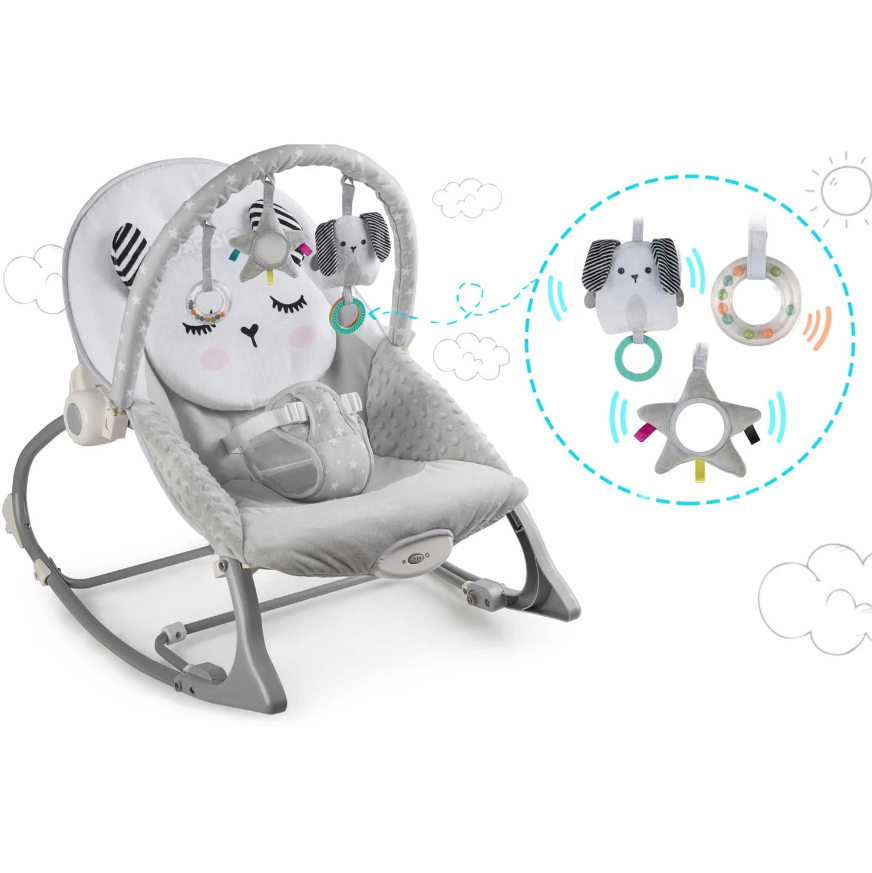 Balansoar 3in1 cu Vibratii si Melodii idealStore LuxuryCollections, Centura de Siguranta cu Prindere in 5 Puncte, Material Confortabil, Husa Detasabila, Greutate Maxima 9Kg, Gri