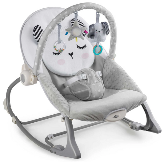 Balansoar 3in1 cu Vibratii si Melodii idealStore LuxuryCollections, Centura de Siguranta cu Prindere in 5 Puncte, Material Confortabil, Husa Detasabila, Greutate Maxima 9Kg, Gri