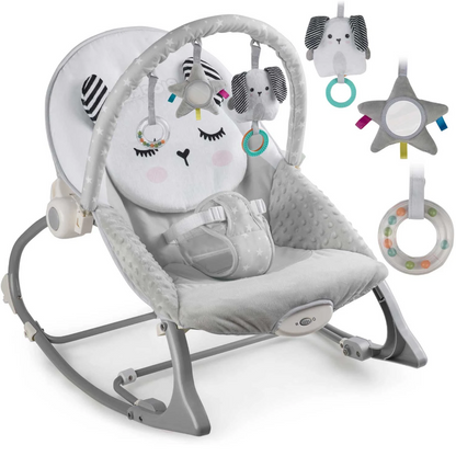 Balansoar 3in1 cu Vibratii si Melodii idealStore LuxuryCollections, Centura de Siguranta cu Prindere in 5 Puncte, Material Confortabil, Husa Detasabila, Greutate Maxima 9Kg, Gri