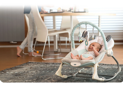 Balansoar 3in1 cu Vibratii si Melodii idealStore LuxuryCollections, Centura de Siguranta cu Prindere in 5 Puncte, Material Confortabil, Husa Detasabila, Greutate Maxima 9Kg, Menta