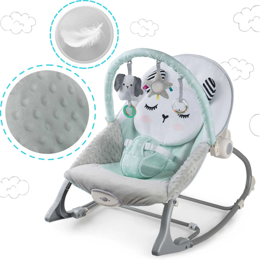 Balansoar 3in1 cu Vibratii si Melodii idealStore LuxuryCollections, Centura de Siguranta cu Prindere in 5 Puncte, Material Confortabil, Husa Detasabila, Greutate Maxima 9Kg, Menta